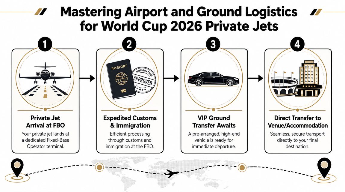A four-step infographic illustrating the private jet logistics process for the 2026 World Cup attendees.