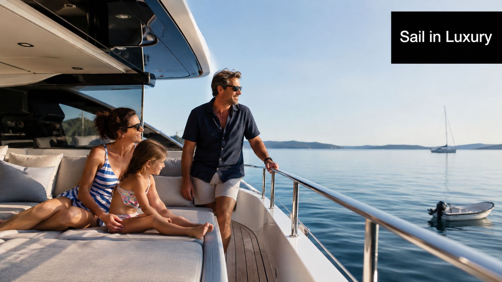 A family enjoying a relaxing afternoon on the deck of a luxury yacht in calm blue waters.