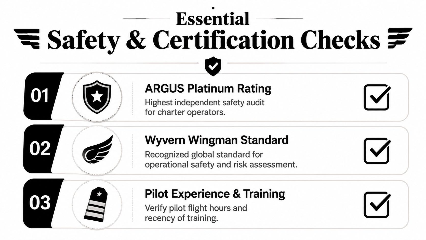 A graphic showing three essential safety and certification checks for private aviation, including ARGUS, Wyvern, and pilot training.