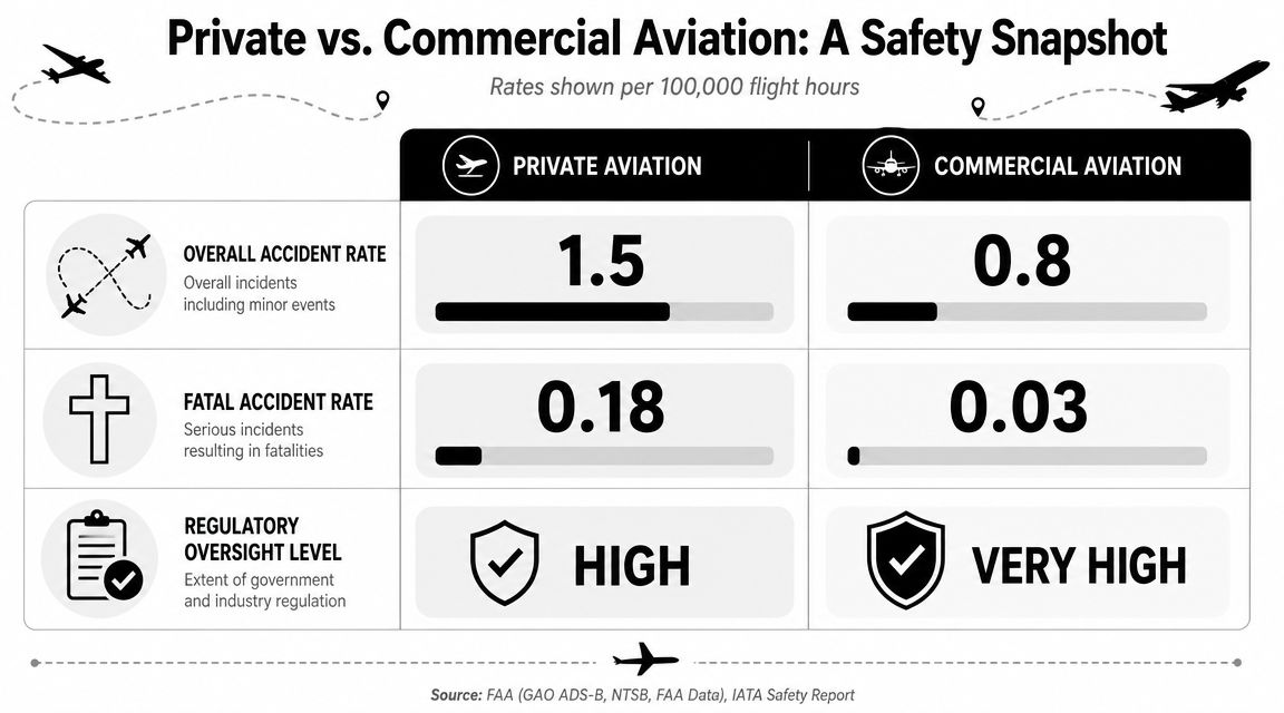 A comparison chart showing accident and fatality rates per 100,000 flight hours for private and commercial aviation.