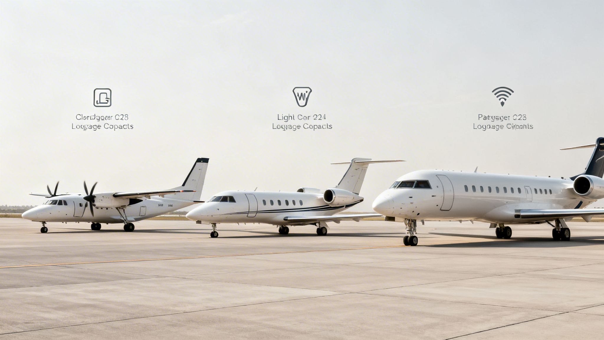 Three sleek, white private jets of different sizes parked on an airport tarmac.