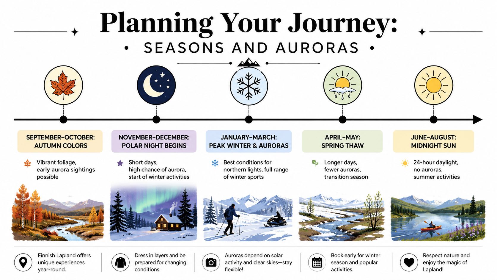 An infographic illustrating seasonal travel experiences in Finnish Lapland throughout the year, featuring climate and activity information.