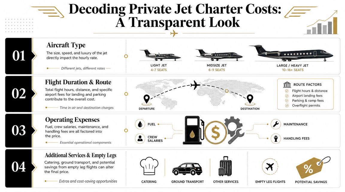 An infographic titled Decoding Private Jet Charter Costs explaining factors like aircraft type, route, operations, and services.