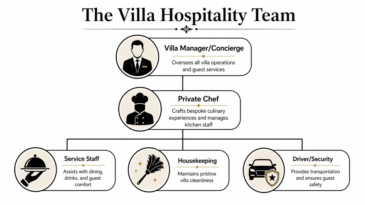 An organizational chart depicting the Villa Hospitality Team roles including manager, chef, service staff, housekeeping, and driver.