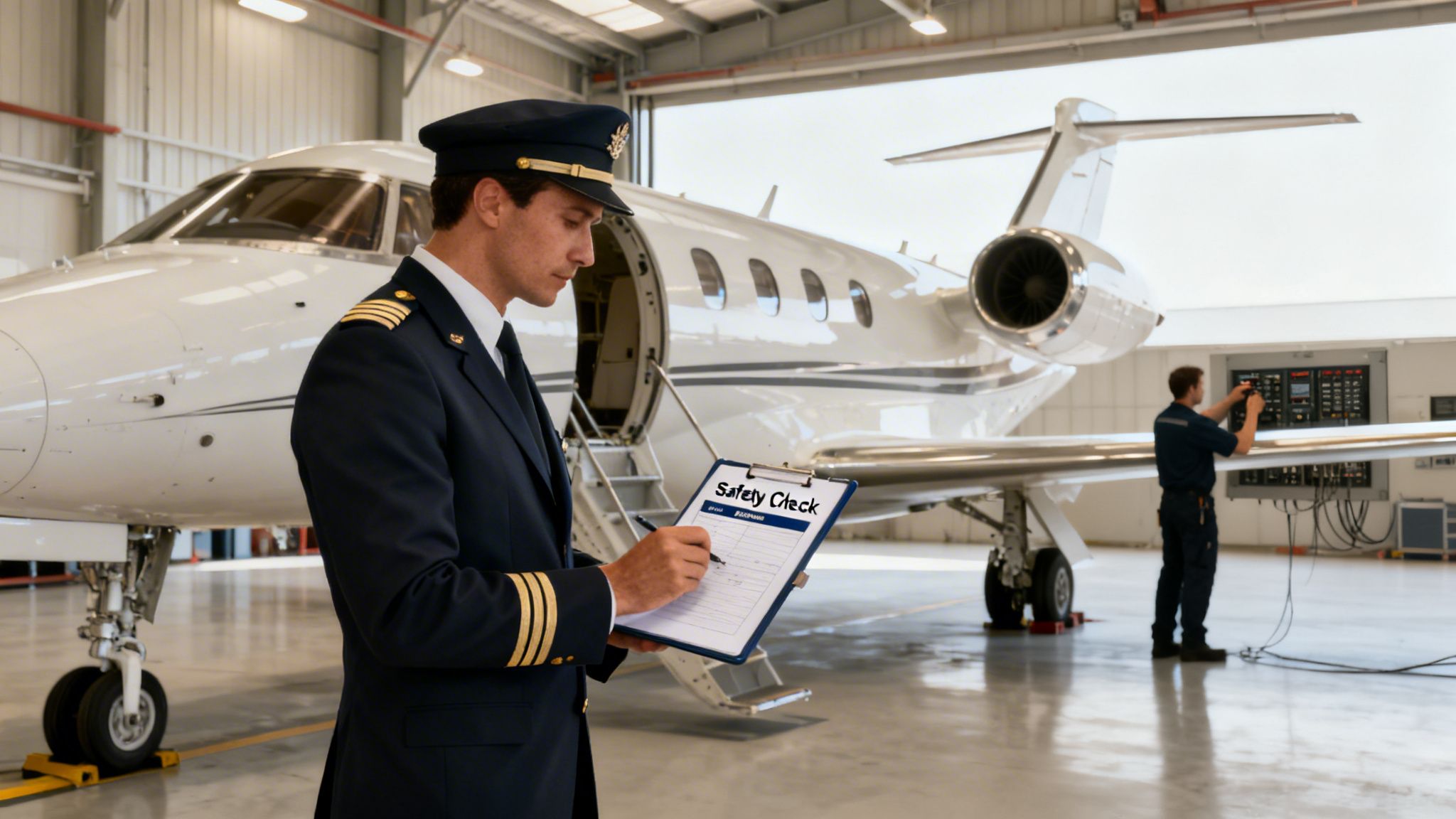 A pilot in uniform conducts a safety check on a clipboard next to a private jet.