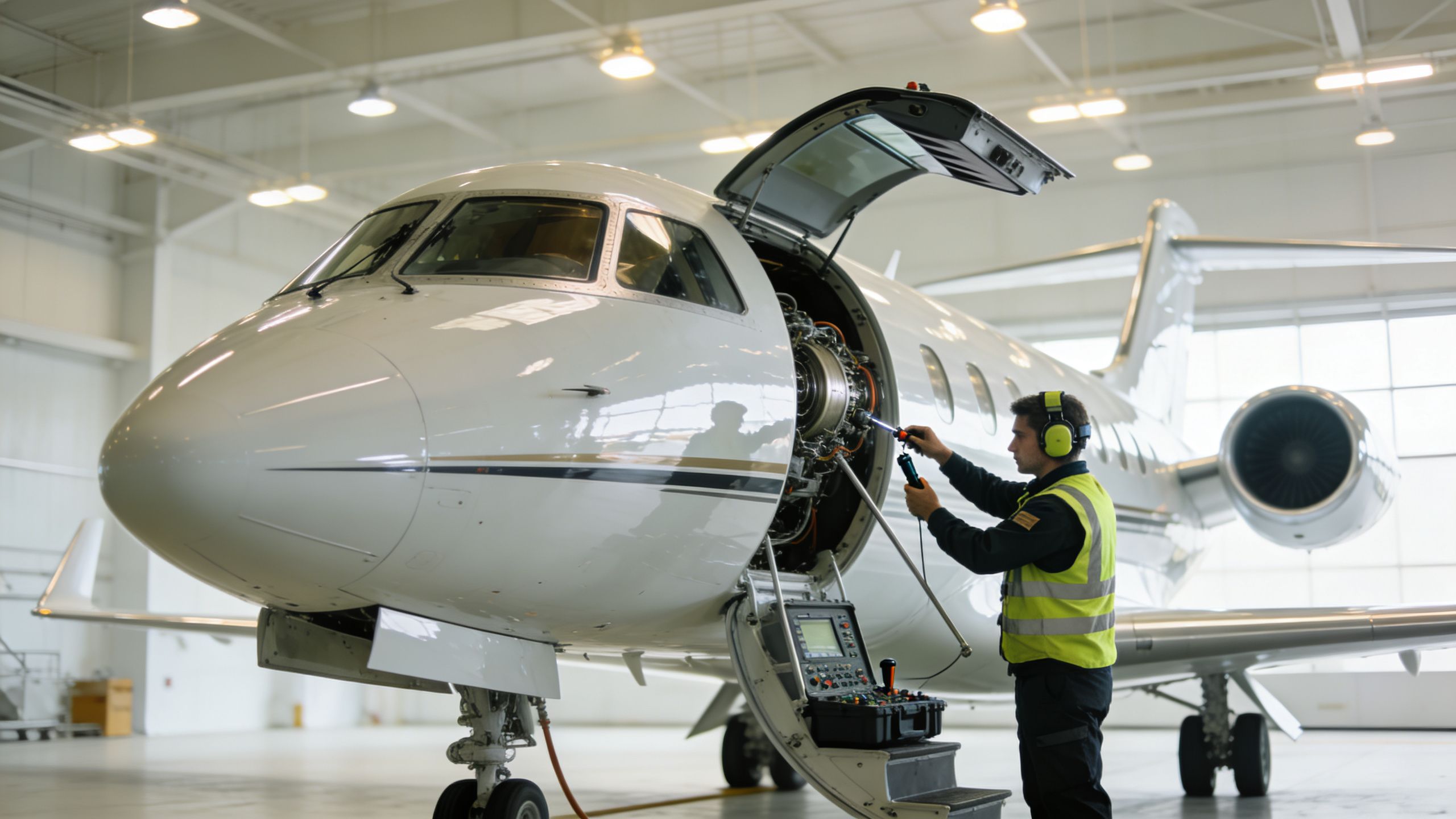 A professional aircraft mechanic performing maintenance on the engine of a private jet inside a hangar.