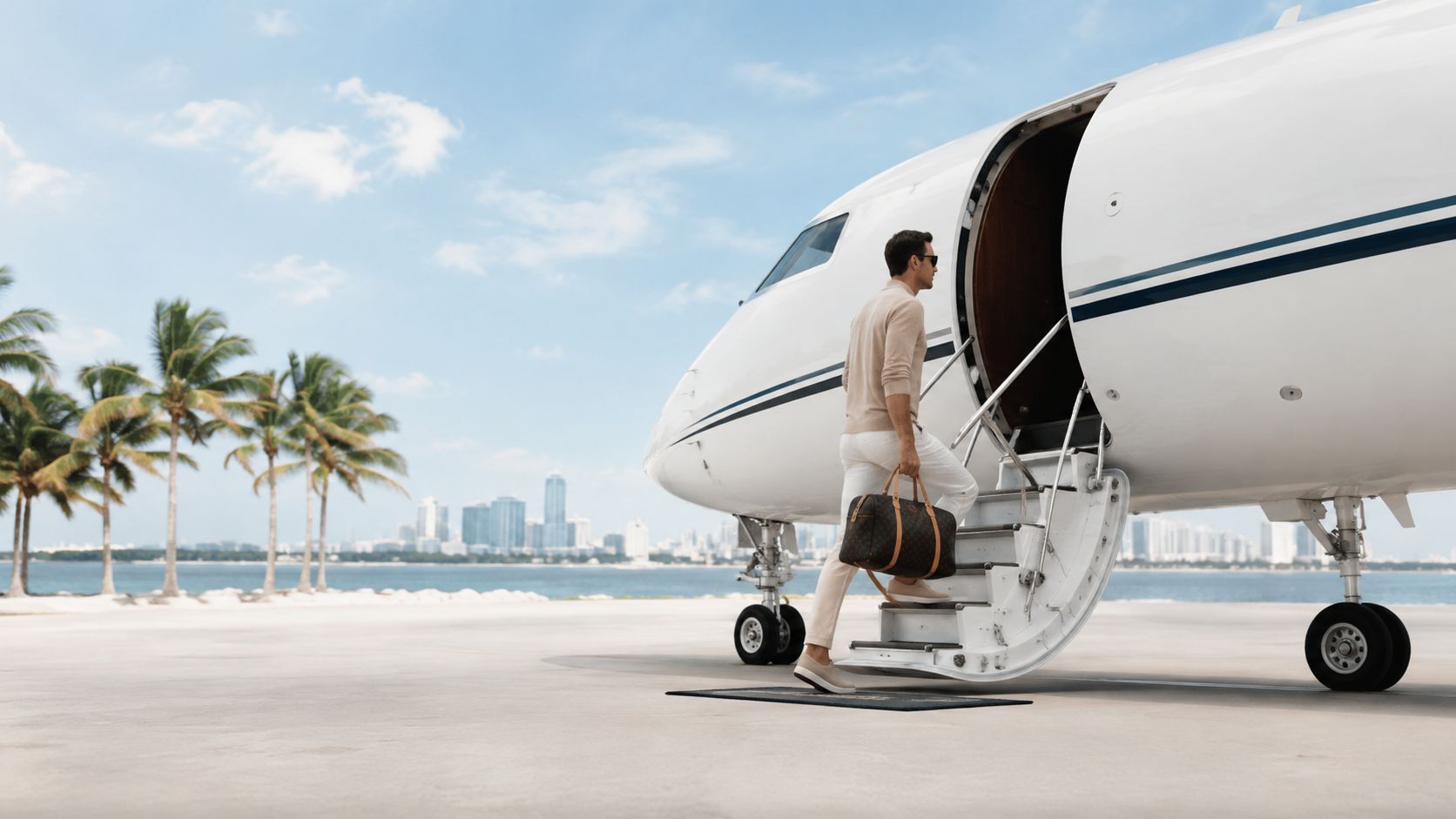 A man in beige clothing boarding a private jet with a luxury travel bag on a sunny day.