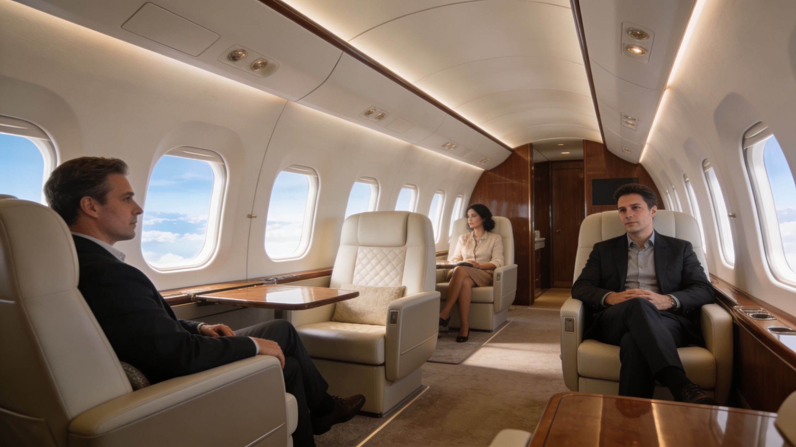 Three business professionals sitting in the luxurious, leather-seated cabin of a private corporate jet during flight.