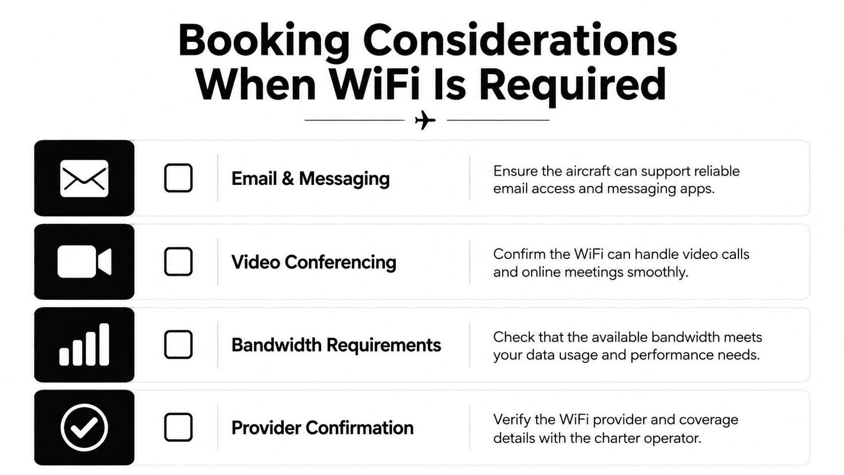 A checklist for private jet travelers outlining essential considerations when booking aircraft with reliable onboard WiFi.
