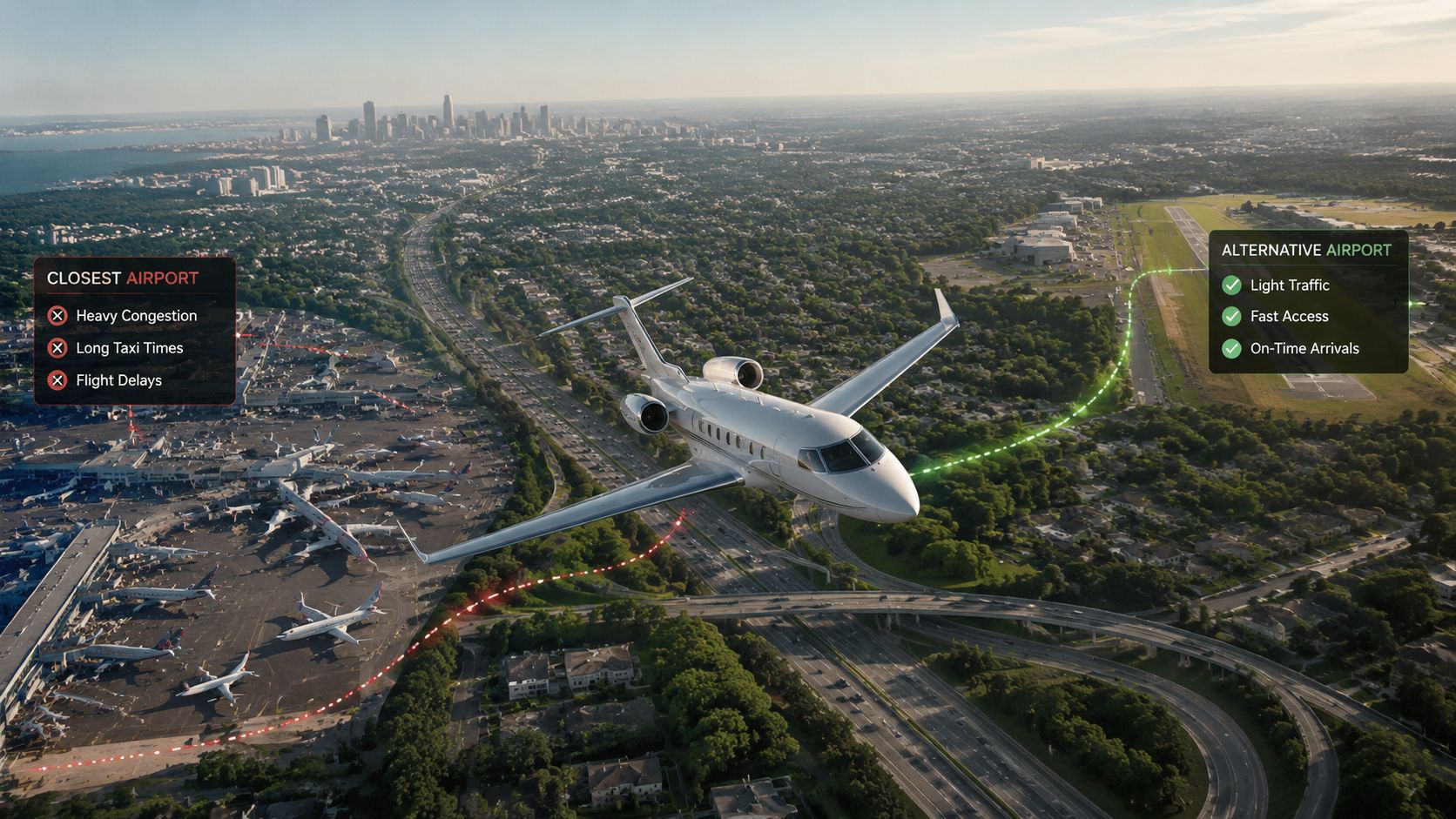 A sleek private jet flying over a city, illustrating the efficiency of choosing an alternative airport.