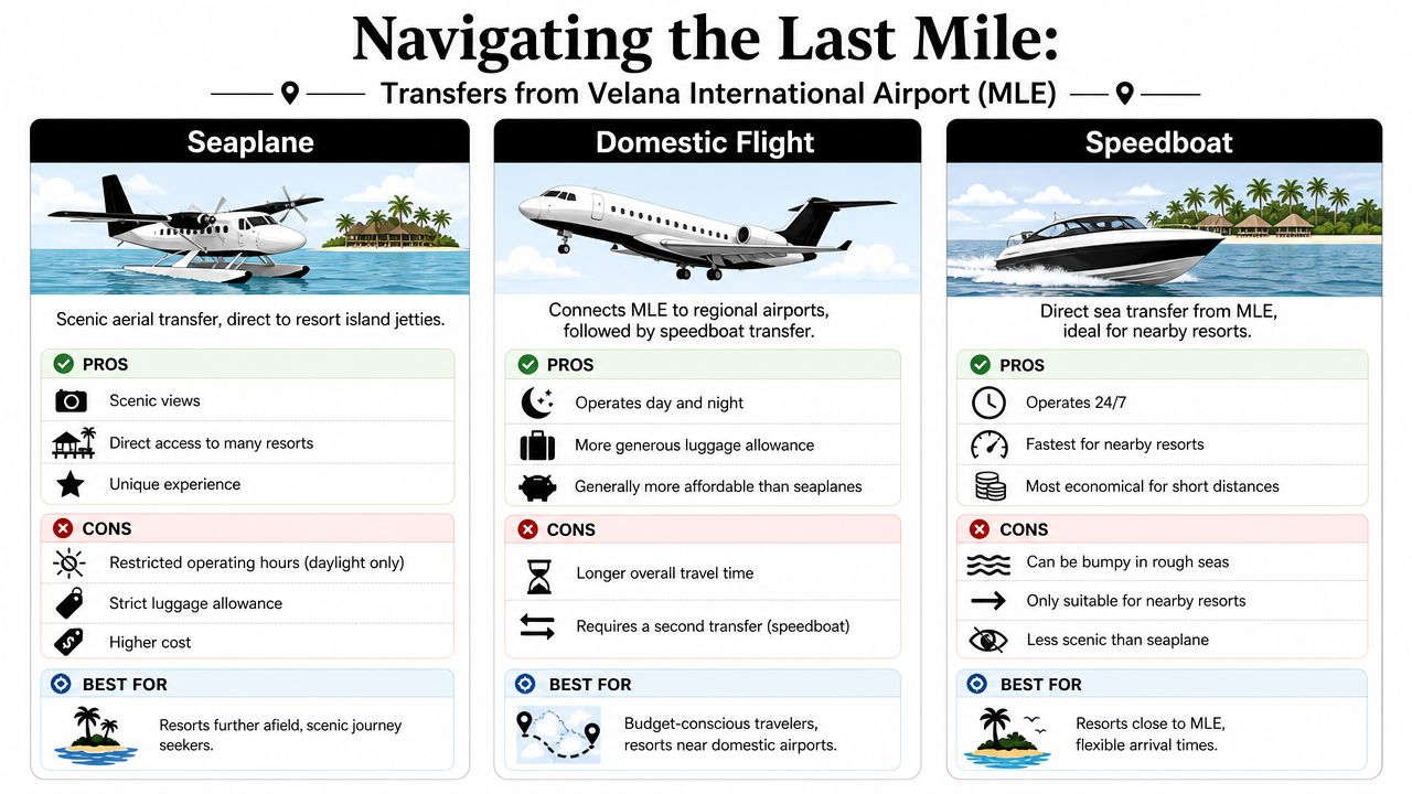 A comparison chart showing transportation options for transfers from Velana International Airport to Maldives resorts.