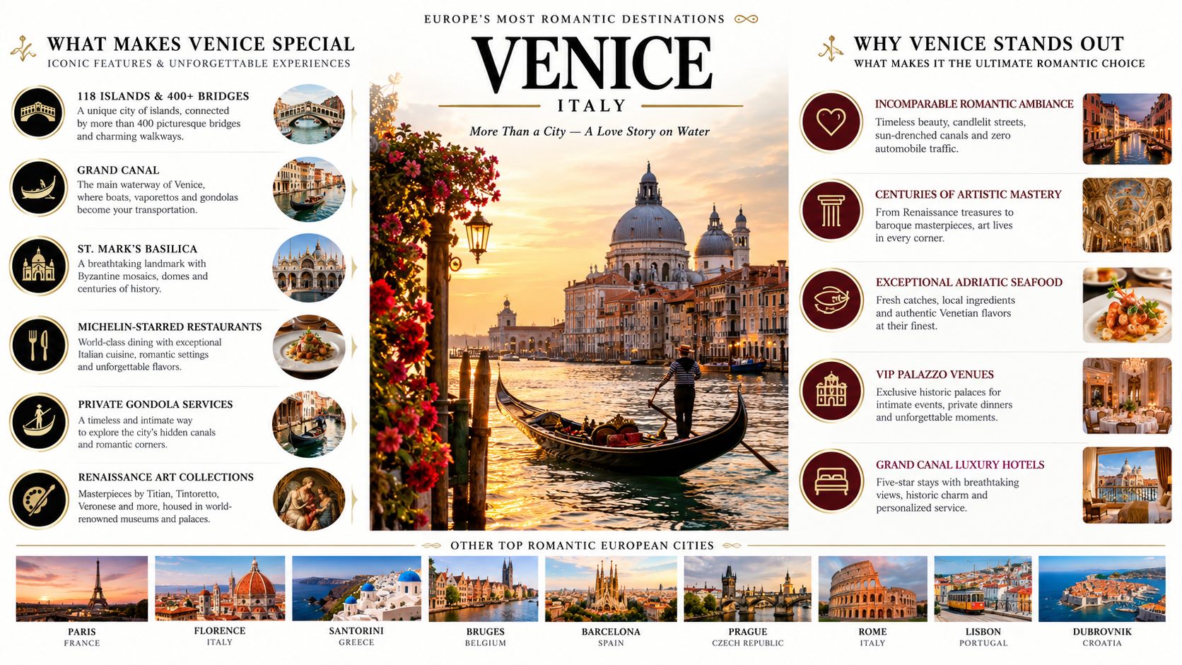A travel infographic showcasing Venice, Italy as a premier romantic destination with highlights of iconic landmarks.