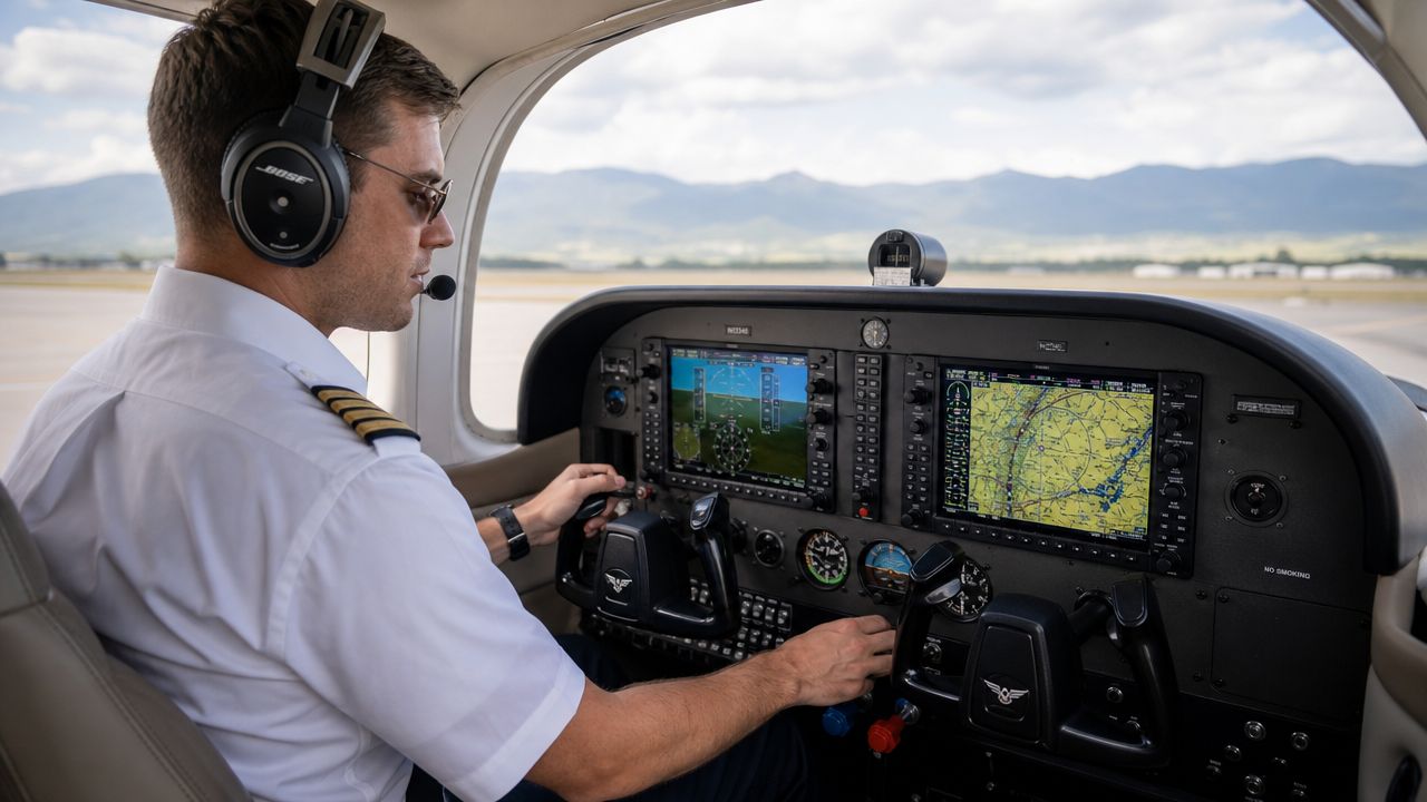 A professional pilot operates a small propeller aircraft, monitoring modern glass cockpit flight instruments while sitting inside.
