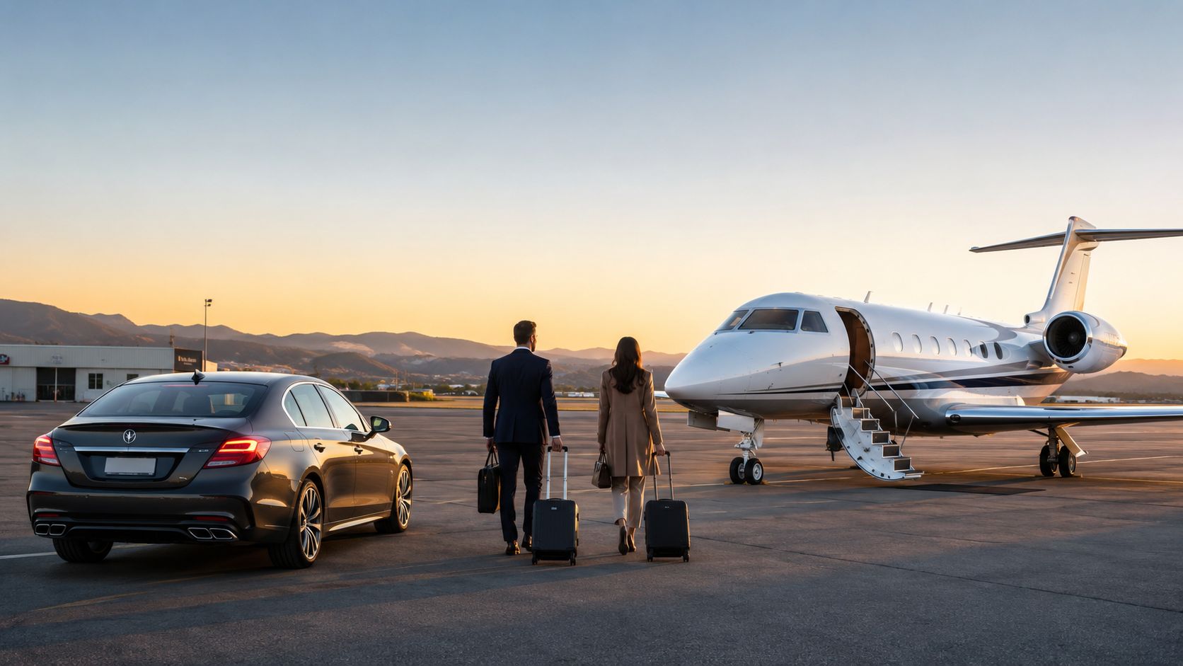 A business couple walking towards a private jet parked on an airport tarmac at sunrise.