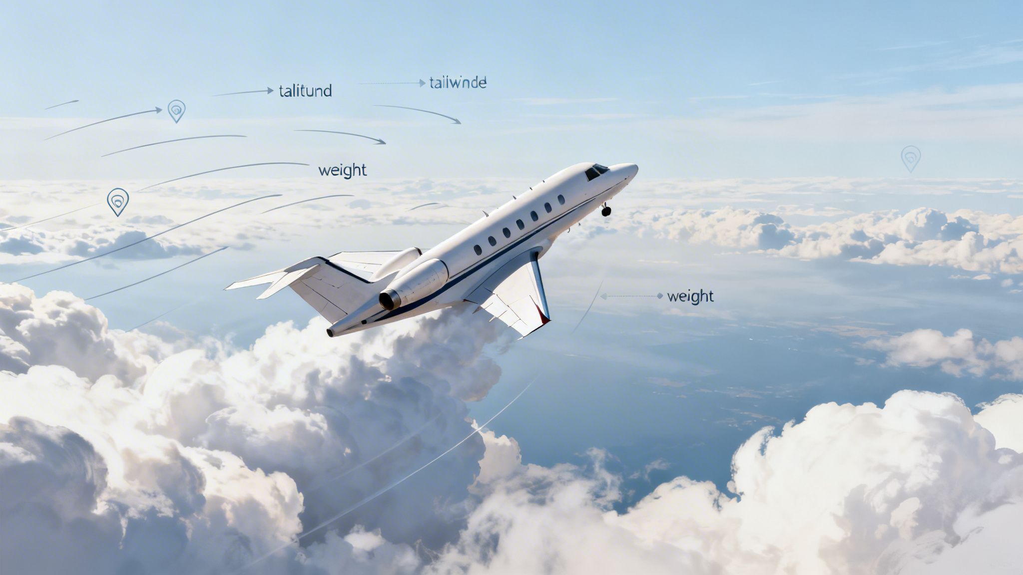 A white private jet ascending through clouds with flight dynamics annotations