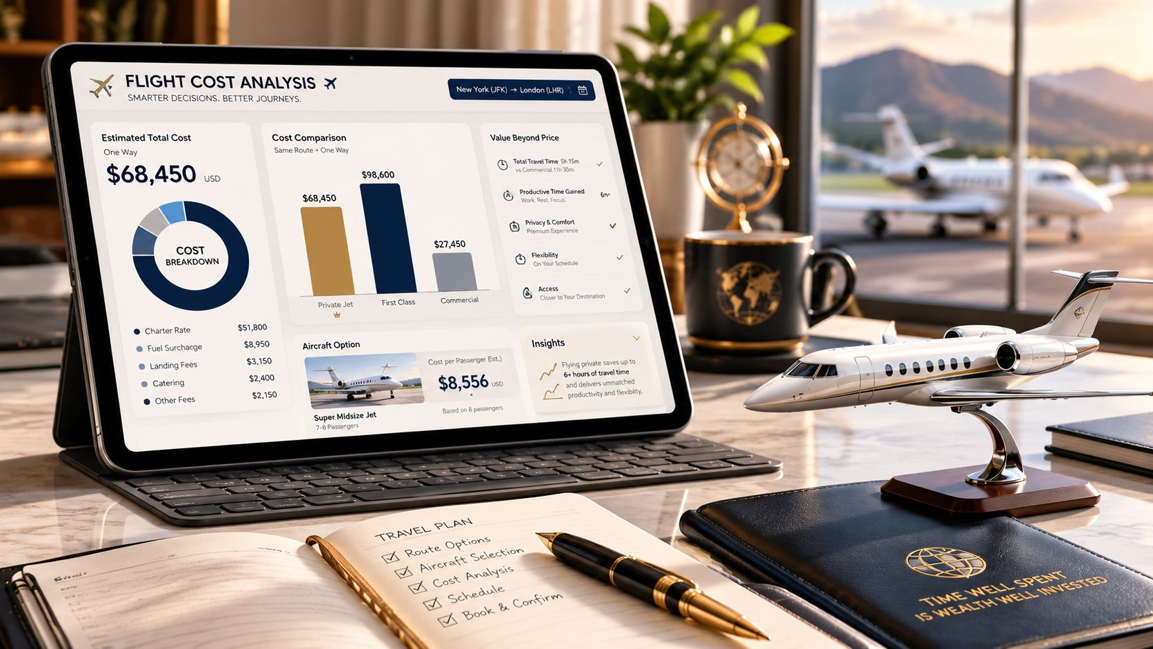 A digital tablet displaying a detailed private jet flight cost analysis dashboard with travel planning notes.