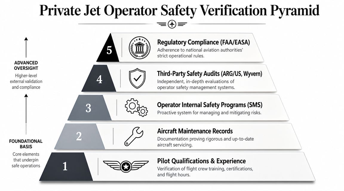 A pyramid chart titled Private Jet Operator Safety Verification showing five levels of aviation safety standards.