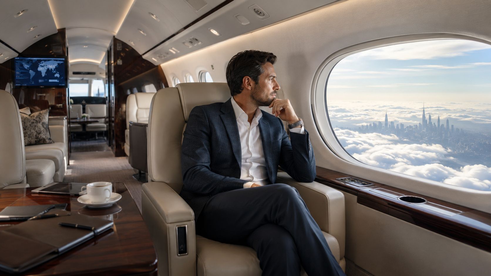 A sophisticated businessman looking out the window of a luxurious private jet while flying above clouds.