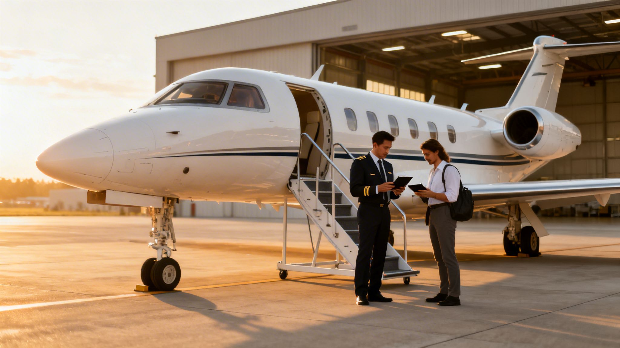 Pilot and woman discuss details on tablets next to a private jet at sunset.