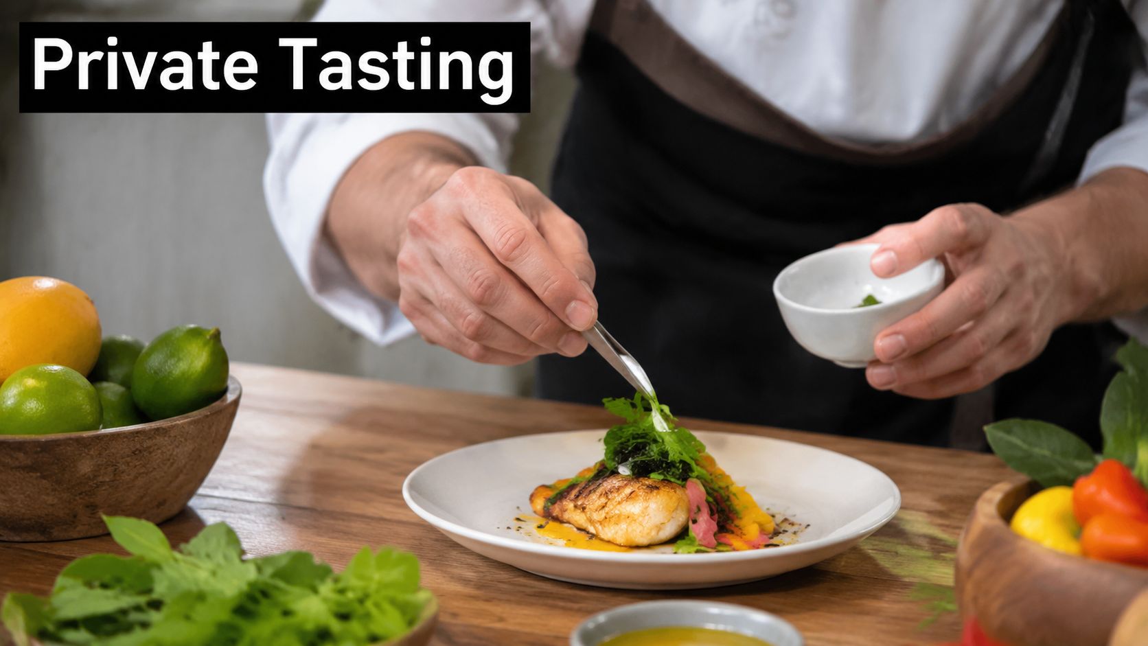 A professional chef carefully garnishes a beautifully plated fish dish during a private cooking event.