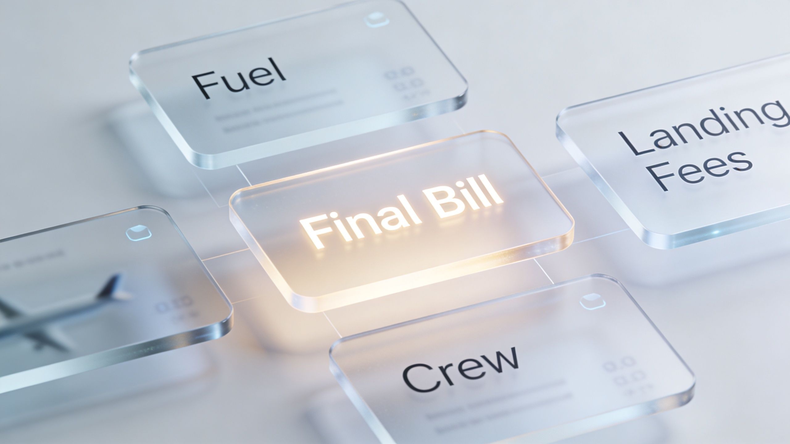 A conceptual 3D render showing glass UI panels floating for aviation costs like fuel, crew, and landing fees.