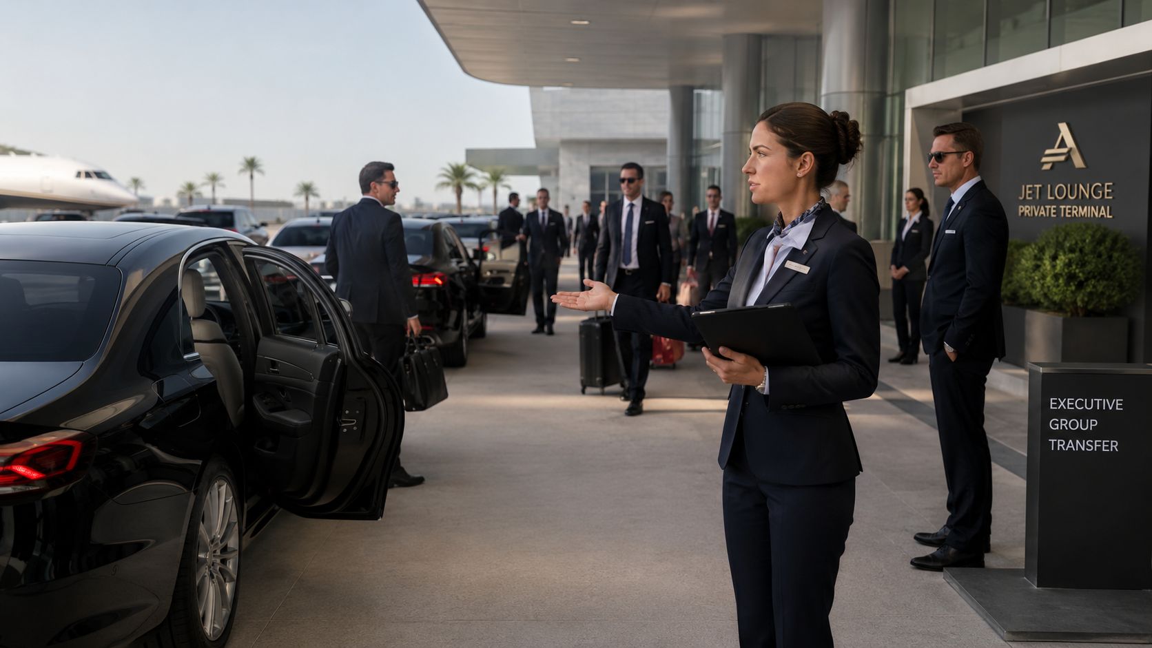 A professional concierge in a suit welcomes business travelers at a luxury private jet terminal.