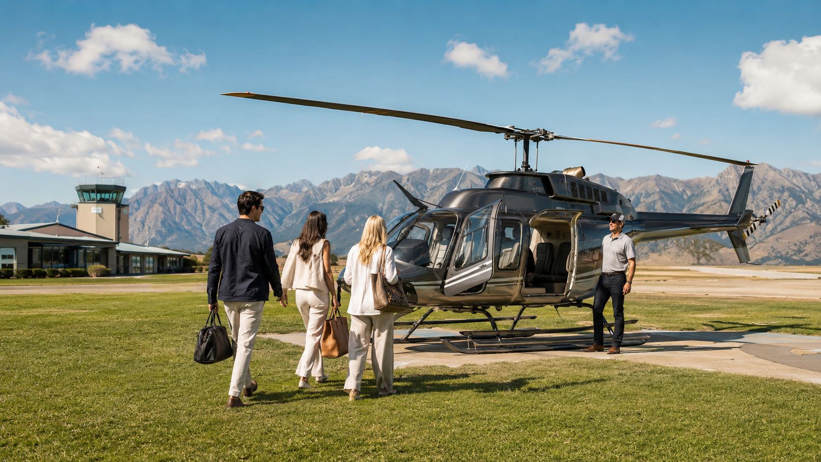 A couple approaching a dark grey Long Ranger helicopter at an airfield with mountains in the background