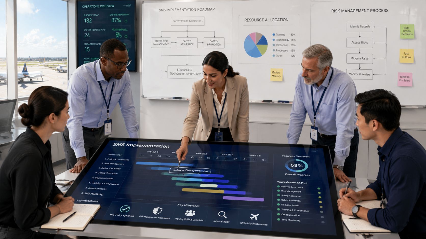 A diverse professional team collaborating on a digital safety management system strategy in a modern office.