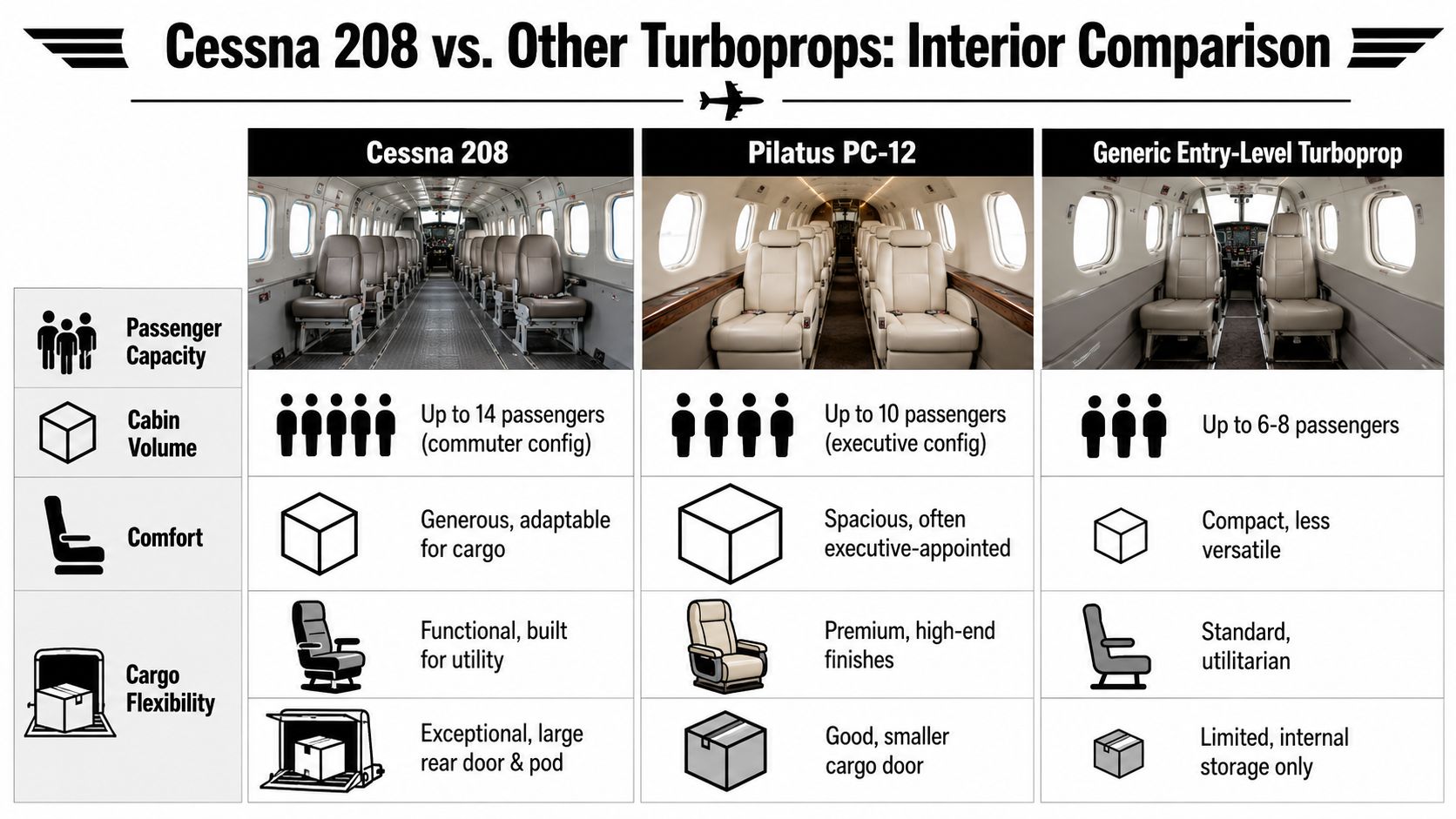 A comparison chart showing the interior, capacity, and cargo features of the Cessna 208, Pilatus PC-12, and generic turboprops.