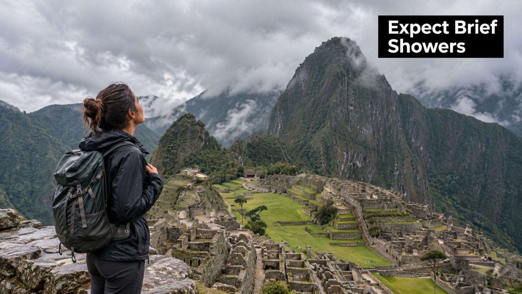A woman wearing a backpack looks at the historic Machu Picchu ruins on a cloudy day