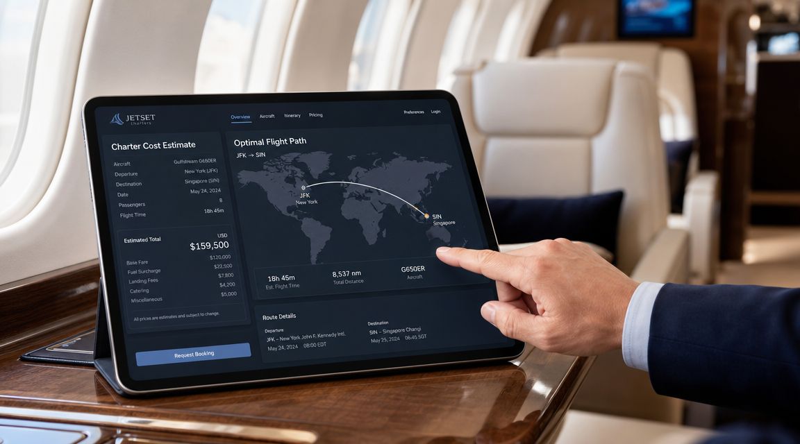 A person using a tablet to view a flight path and cost estimate for a private jet.