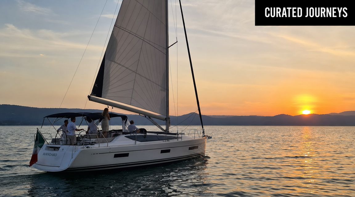 A group of people enjoying a sunset sailing trip on a modern sailboat in Valle de Bravo, Mexico.