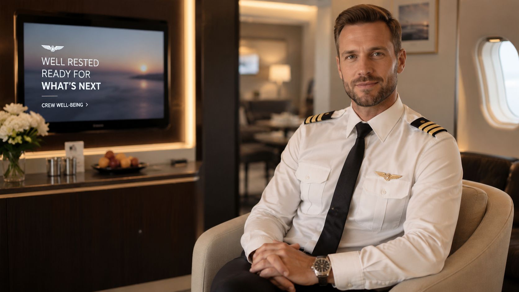 A professional airline pilot sitting comfortably in a modern private aircraft cabin, looking directly at the camera.