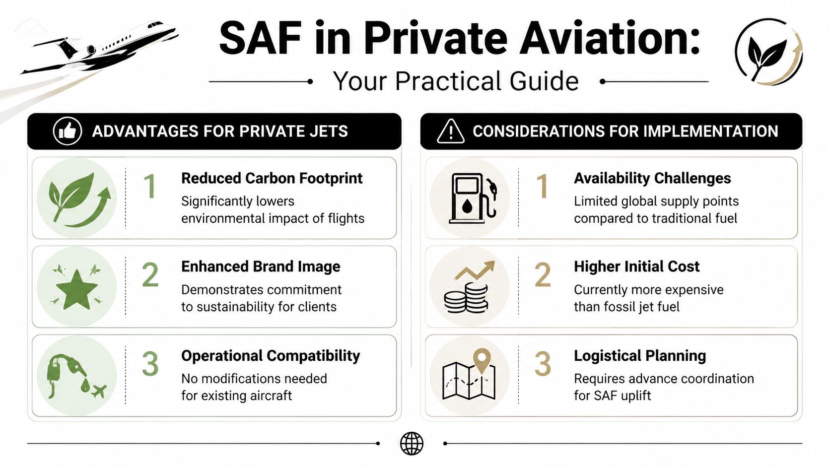 An infographic titled SAF in Private Aviation outlining its key advantages and implementation considerations.