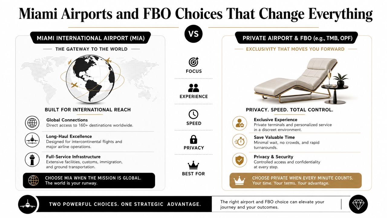 A comparison infographic between Miami International Airport for global reach and private FBOs for efficiency.