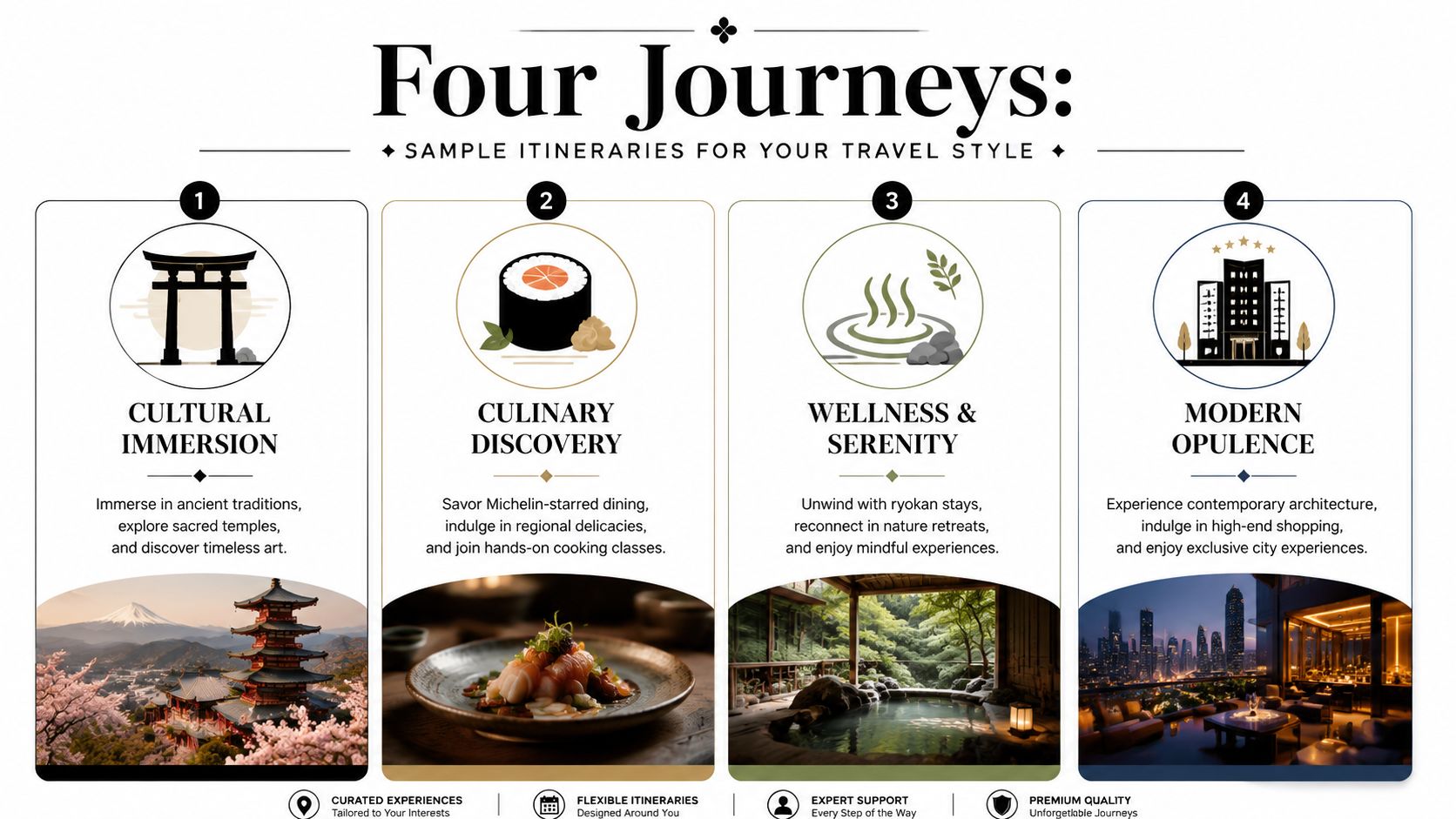 A travel infographic showcasing four distinct styles of luxury Japan tours: cultural, culinary, wellness, and modern experiences.
