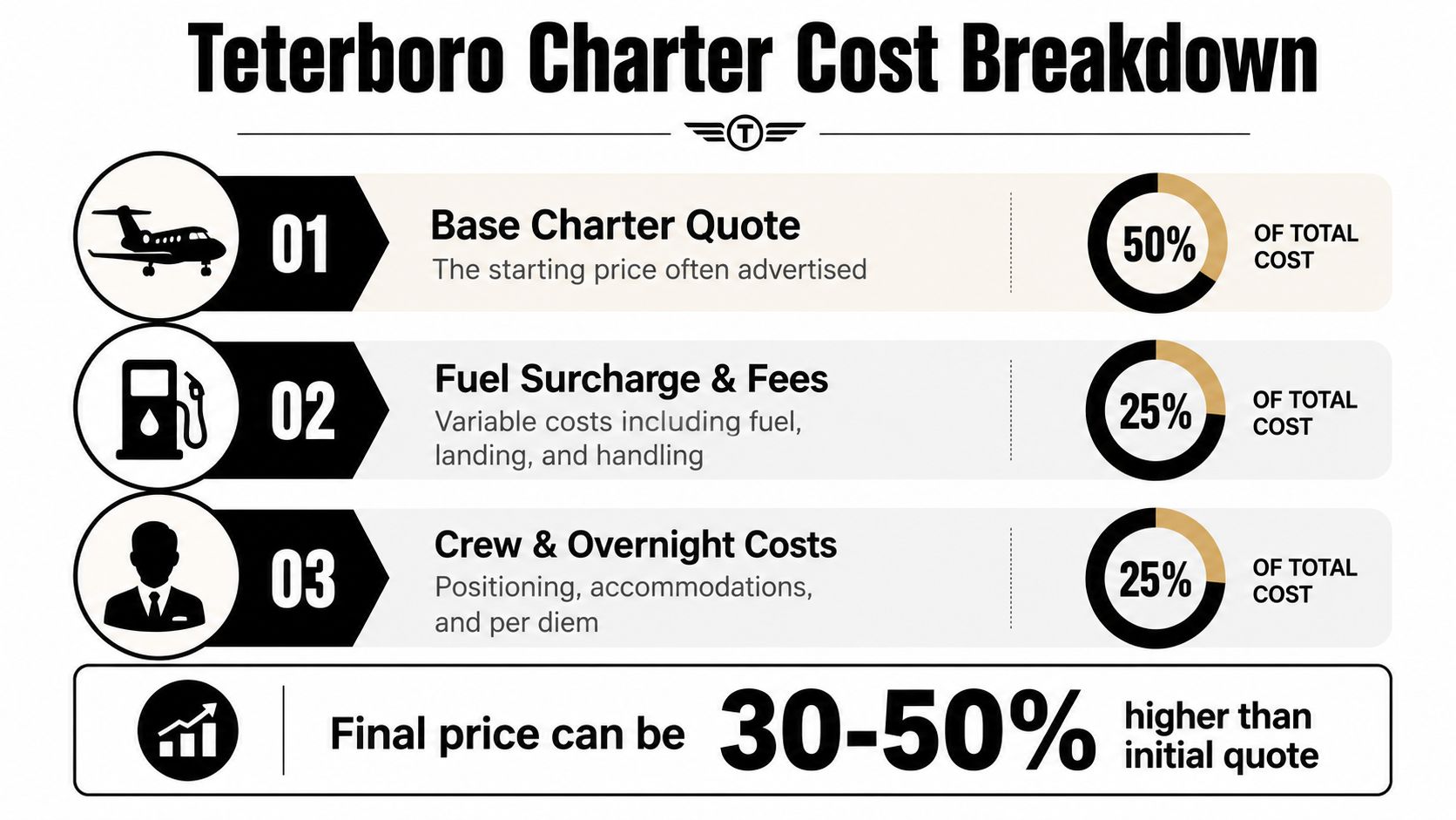 An infographic showing the breakdown of Teterboro private jet charter costs including base, fuel, and crew expenses.