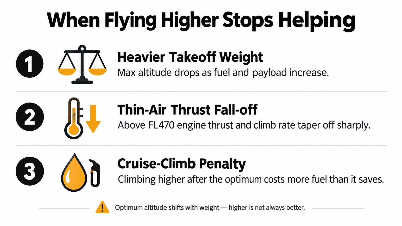 An infographic titled When Flying Higher Stops Helping, listing three reasons why airplanes have altitude limits.