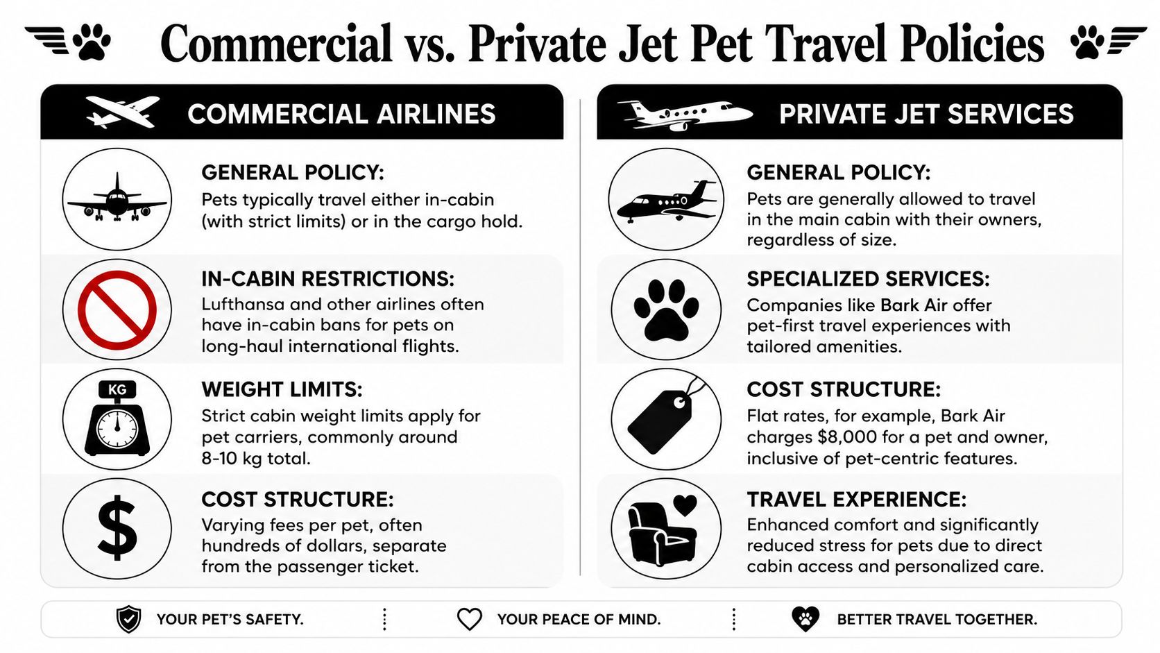 A comparison infographic detailing differences in pet travel policies between commercial airlines and private jet services.