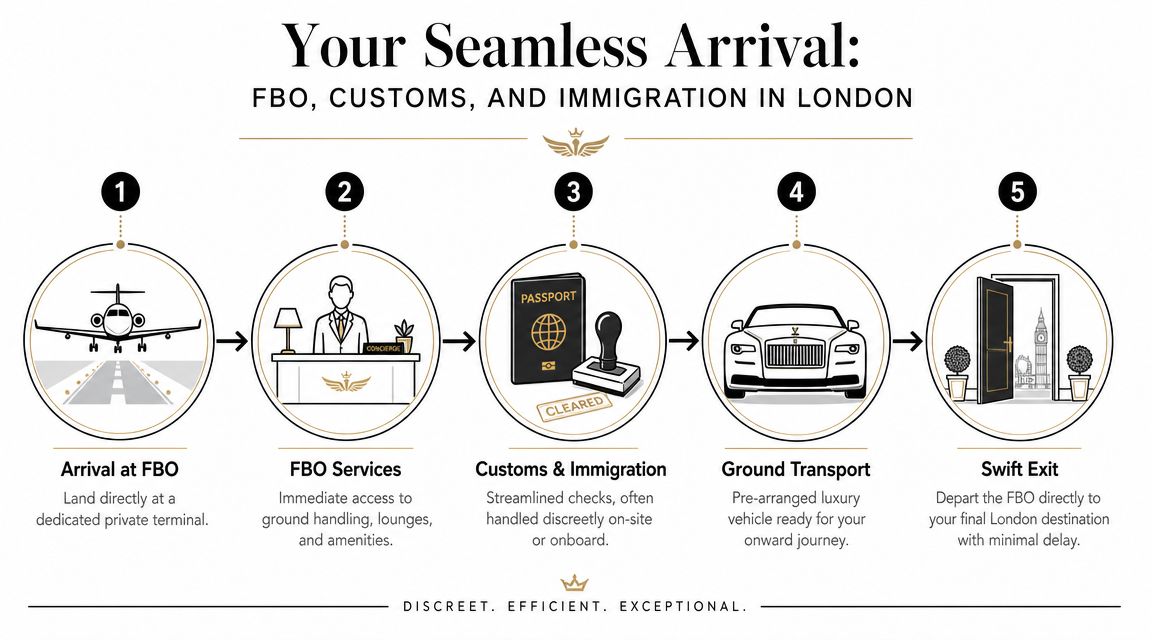 A five-step infographic illustrating the streamlined arrival process at a private terminal in London for jet travelers.