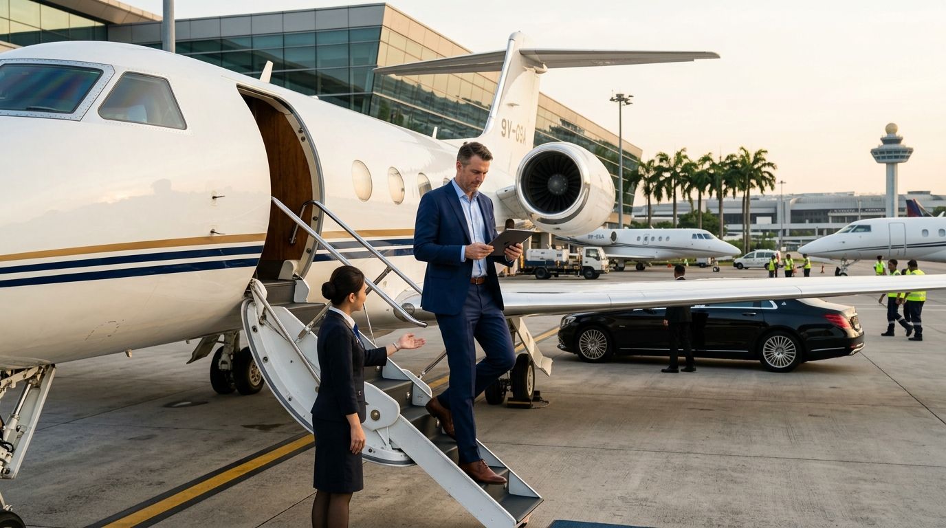 A businessman exits a private jet while a flight attendant greets him on the airport tarmac.