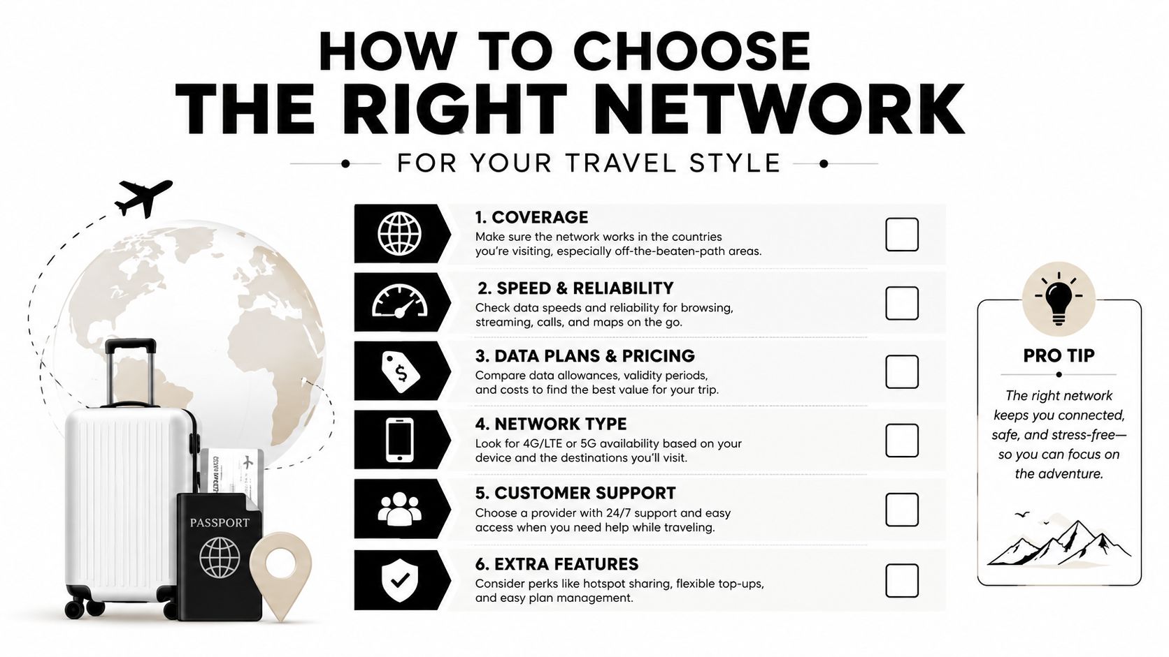 An infographic showing six essential tips for choosing a mobile network for your international travel adventures.