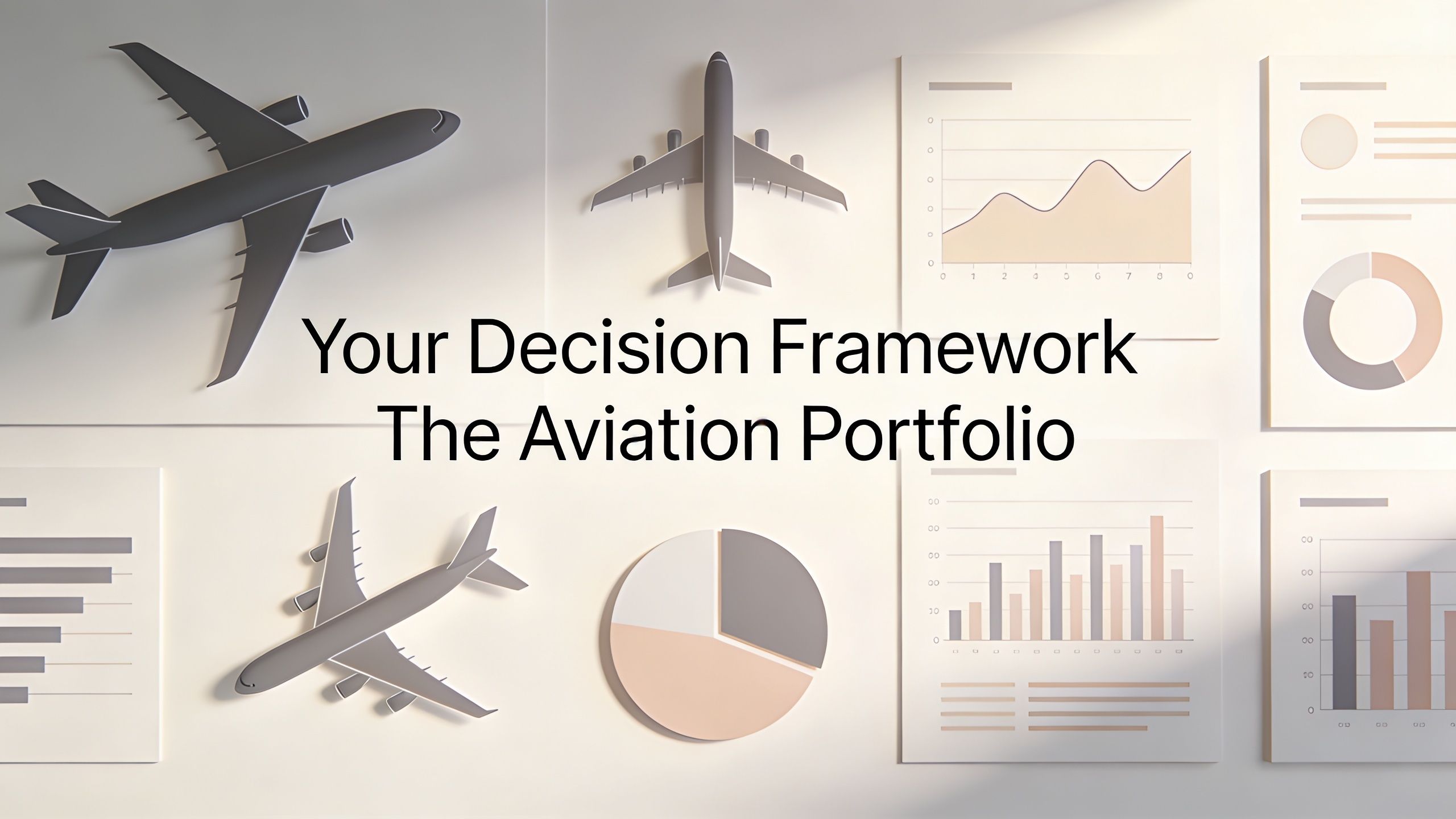 A professional 3D rendering featuring aircraft models and financial charts representing an aviation investment decision framework.