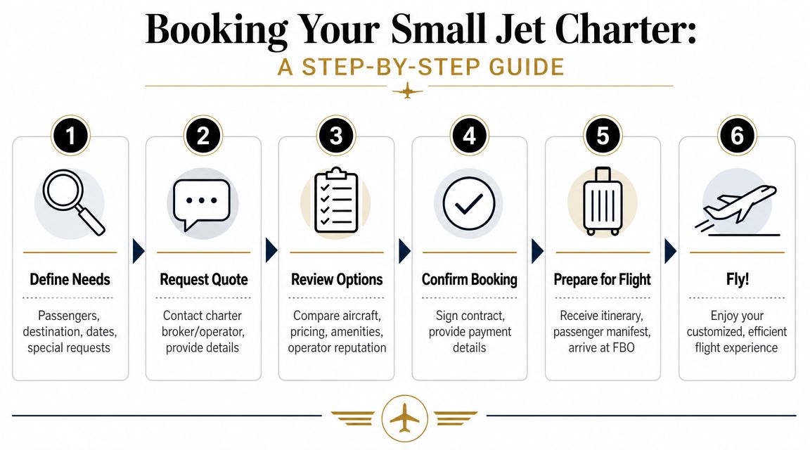 A six-step infographic guide detailing the process of booking a small jet charter flight for travelers.