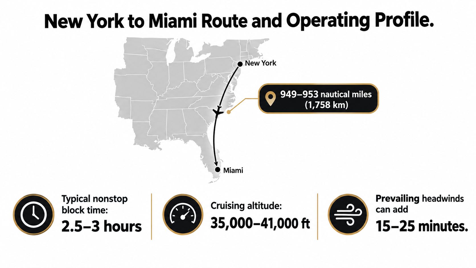 An infographic showing the flight distance, duration, altitude, and weather impact for travel between New York and Miami.