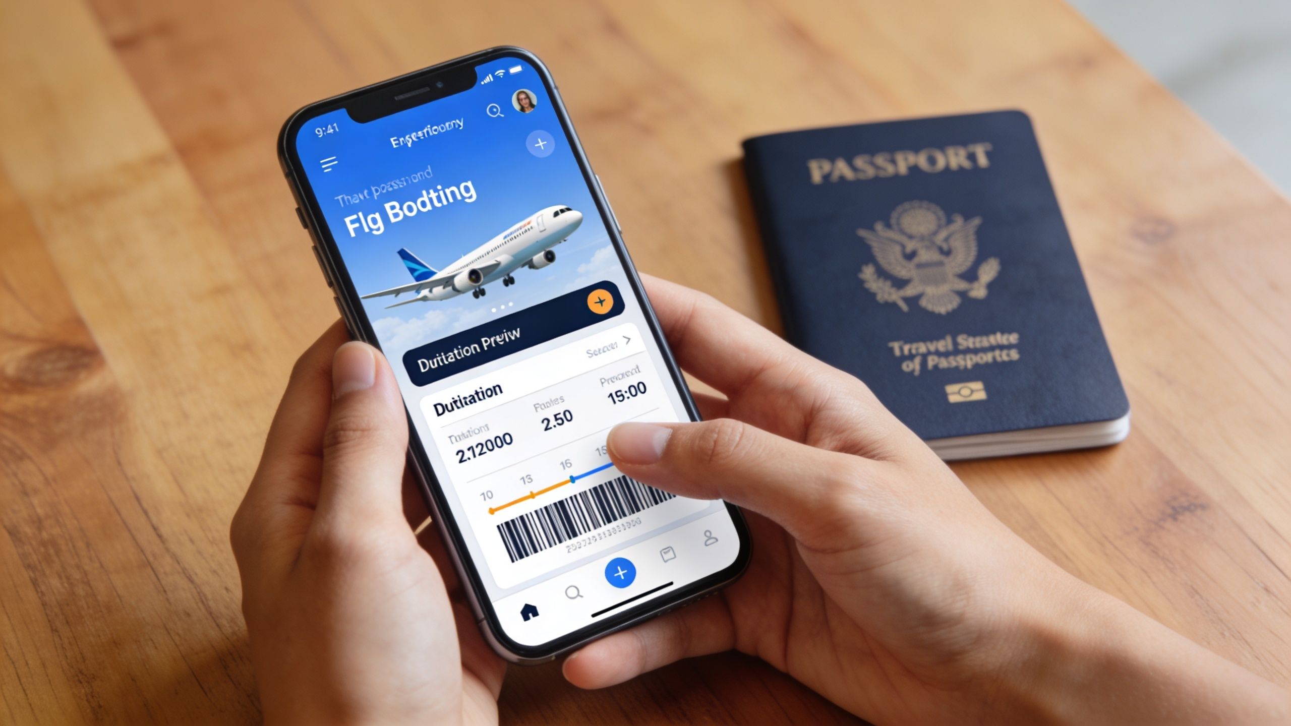 A person holds a smartphone displaying a flight booking application with a passport lying on a wooden table.
