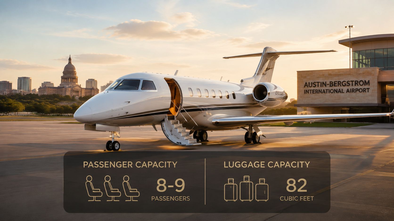 A luxurious private jet parked on the tarmac at Austin-Bergstrom International Airport during a sunset with the city skyline.