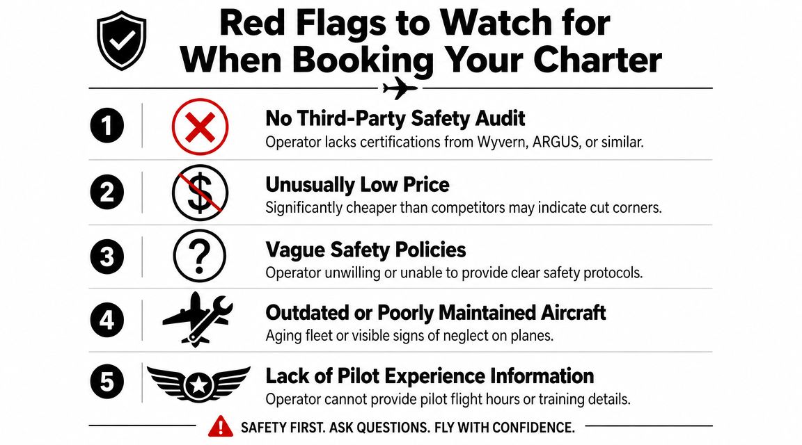 An infographic titled Red Flags to Watch for When Booking Your Charter listing five safety warning signs.