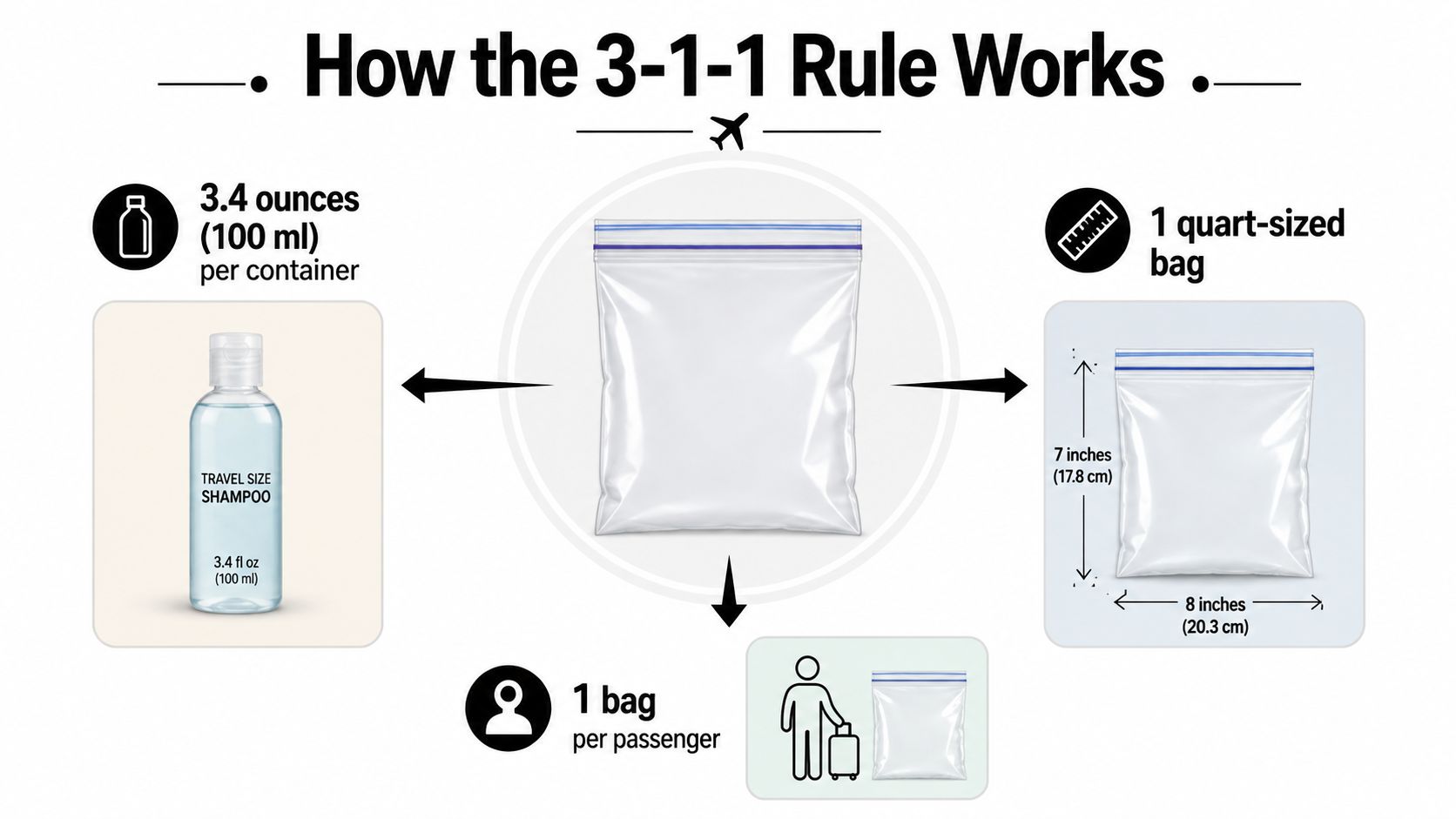 An infographic explaining the TSA 3-1-1 rule for liquids, including container size, bag capacity, and passenger limits.