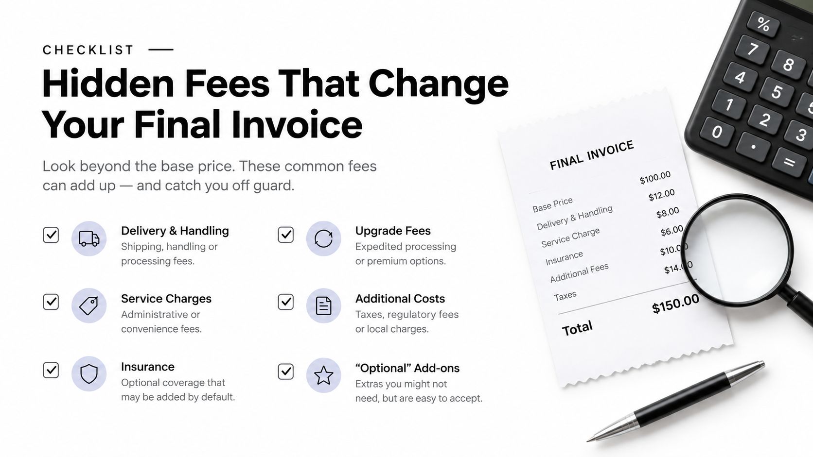 A checklist of common hidden fees to watch for on final invoices, displayed next to a receipt.